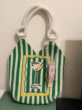Handcrafted Green and White Striped Martini Glass Beaded Handbag